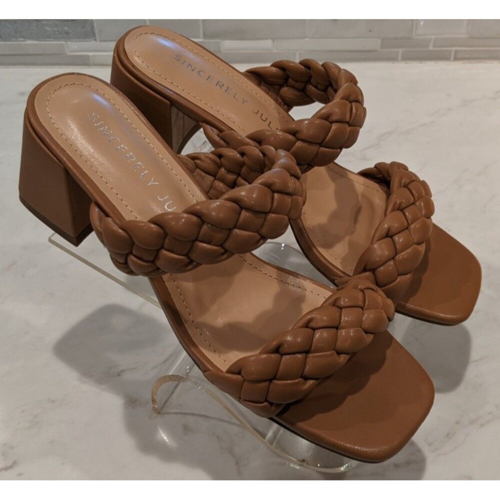 SINCERELY JULES Braided 2-Strap Tan Block Heel Slip-On Slides Sandals 6.5